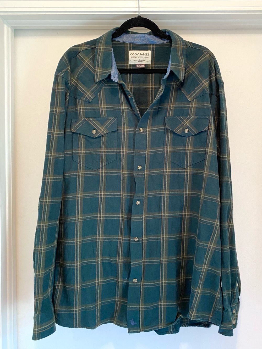 Cody James Western Pearl Snap Green Plaid Flannel Button Down Shirt Size 2XL